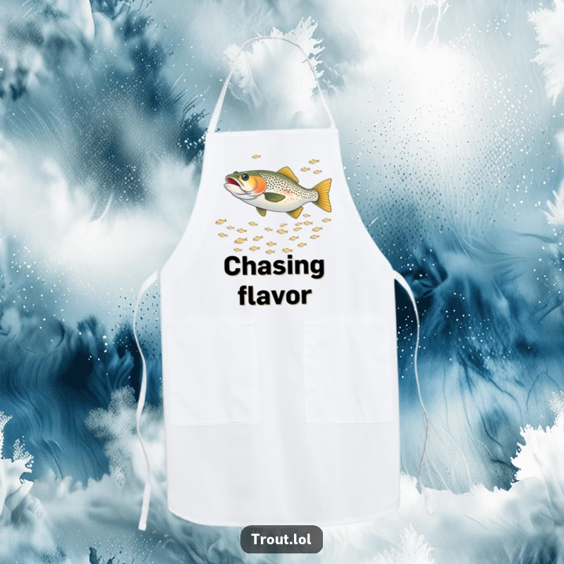 Funny apron featuring a trout playfully chasing a school of tiny shimmering fish, ready to add some fun to any cooking task.