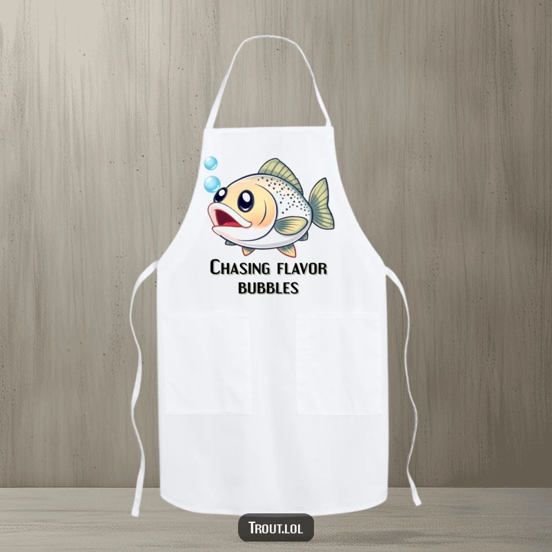 Funny apron showcasing an eager trout with big eyes, humorously chasing a bubble while you cook.