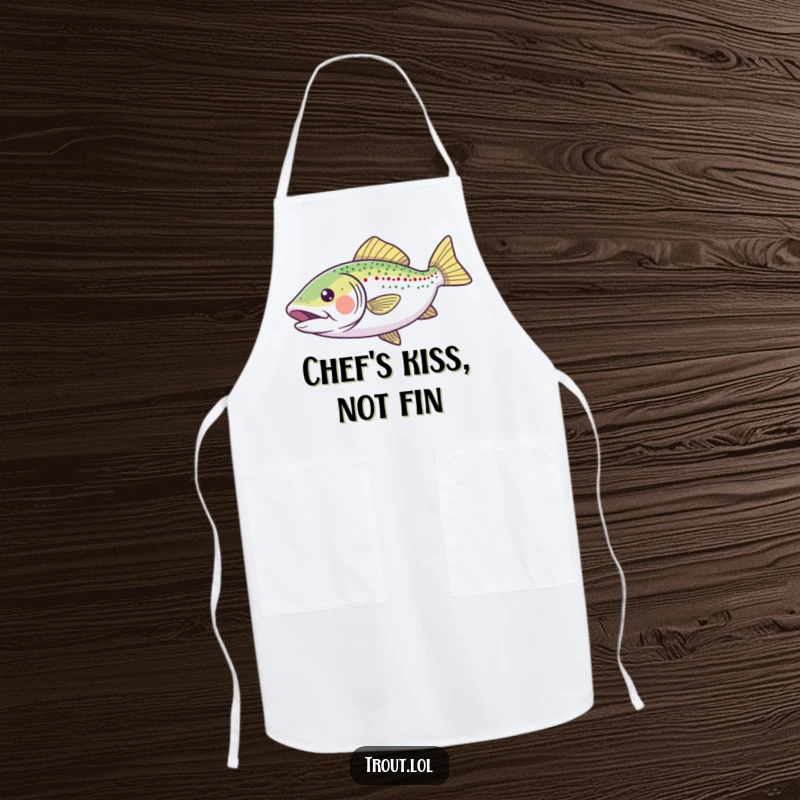 Funny Apron showing a happy trout gliding with open fins, adding a whimsical and joyful touch to kitchen activities.
