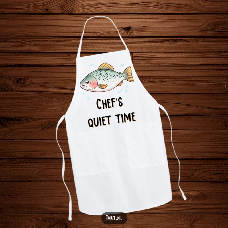 Funny apron showing a trout with closed eyes floating serenely in clear water, bringing tranquility to the kitchen.