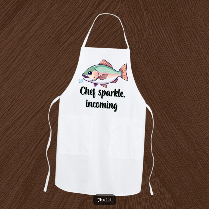Funny apron illustrating a trout with sparkly scales playfully chasing a bubble, adding humor to the kitchen.