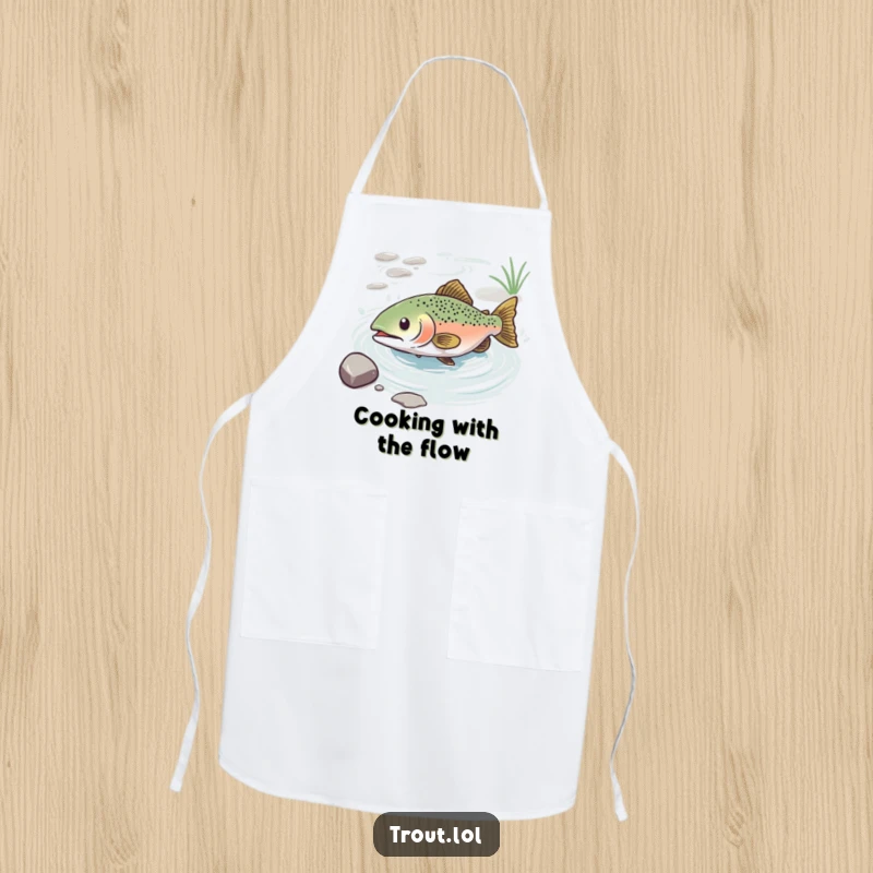 Funny apron designed with a trout in a state of bliss, sliding down a water current, perfect for any kitchen.