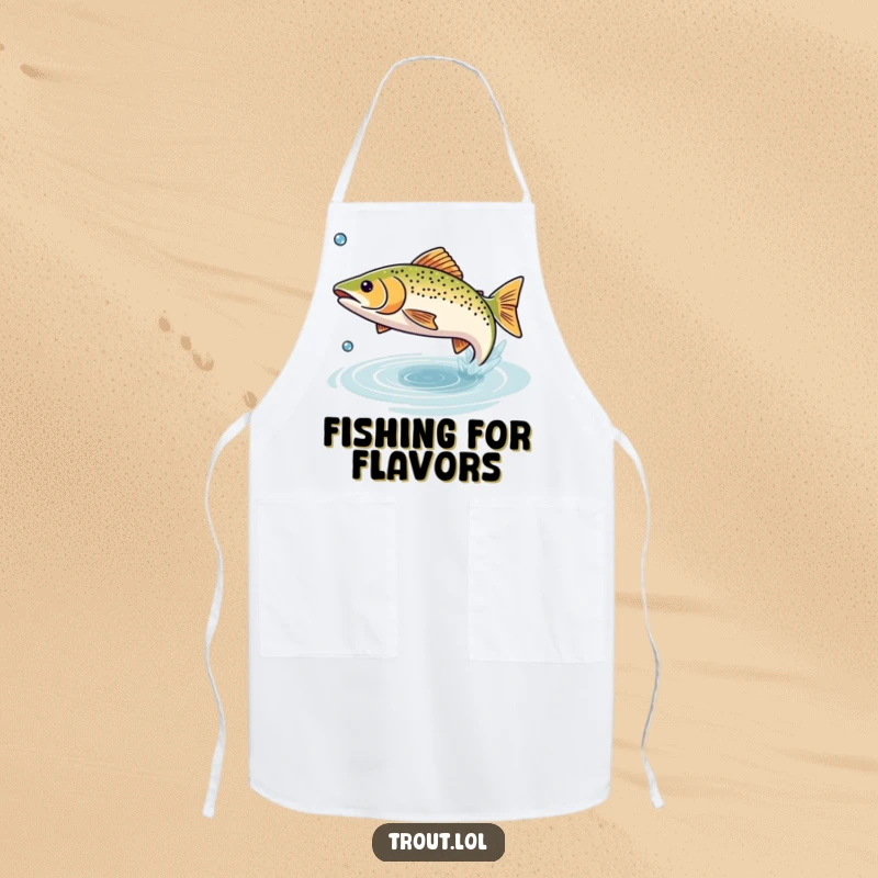 Funny apron depicting a small trout happily leaping from the water, designed for fishing trips or kitchen fun.