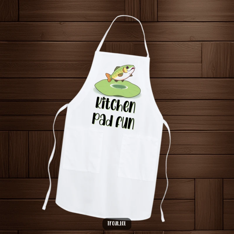 Funny apron designed with a trout joyfully bouncing on a lily pad, bringing a cheerful vibe to the kitchen.