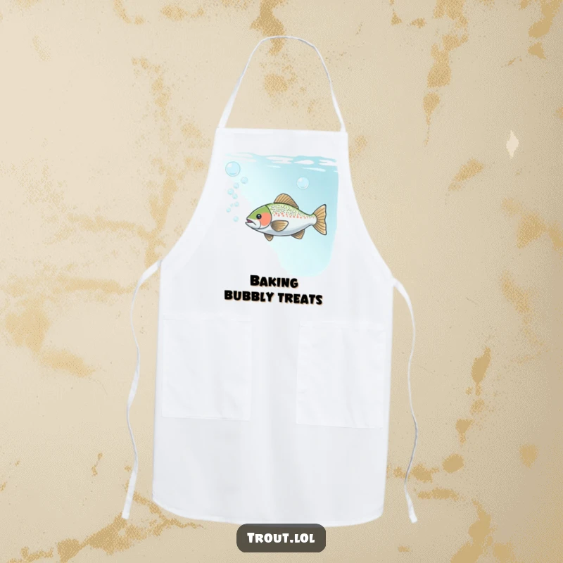 Funny apron featuring a trout playfully blowing bubbles underwater, ready to add some fun to any cooking or grilling task.