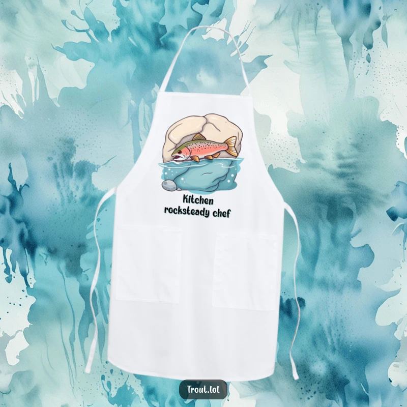 Funny Apron showing a trout playfully bumping into a rock, adding a humorous and lighthearted element to cooking.