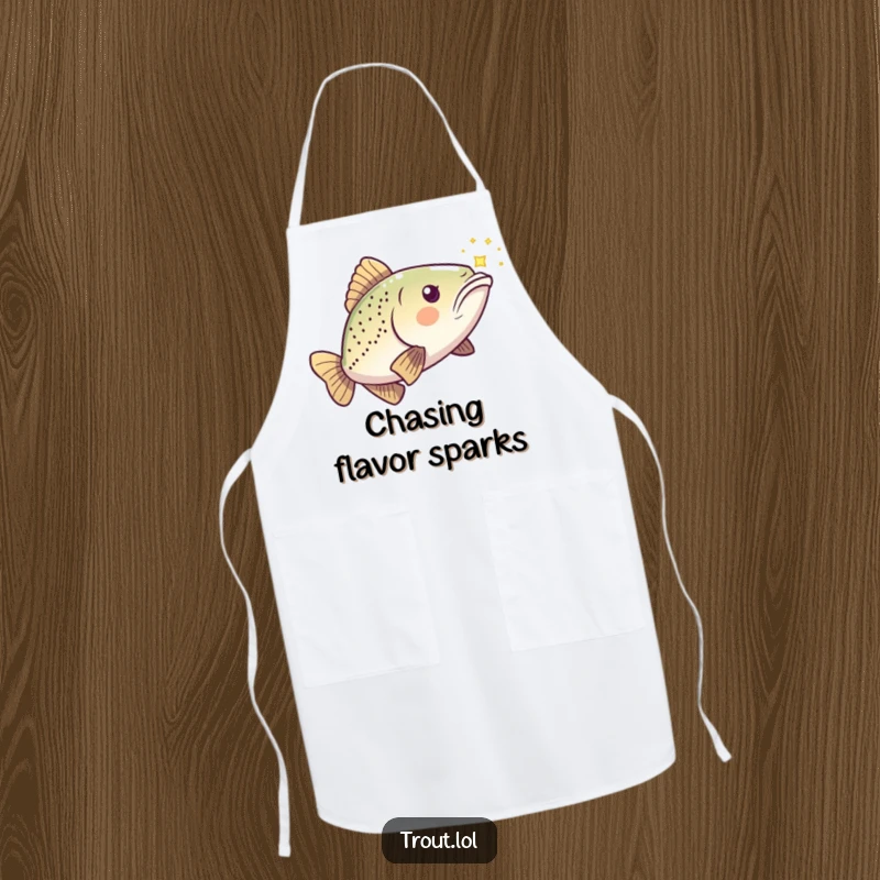 Funny Kawaii Trout Apron showing a playful fish chasing a shimmering light, humorous kitchen wear.