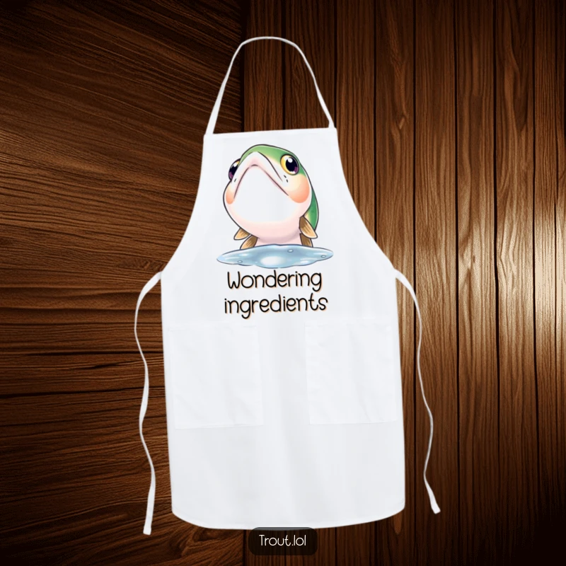 Funny apron depicting a trout with wide, curious eyes looking up towards the water's surface, ideal for kitchen contemplation.