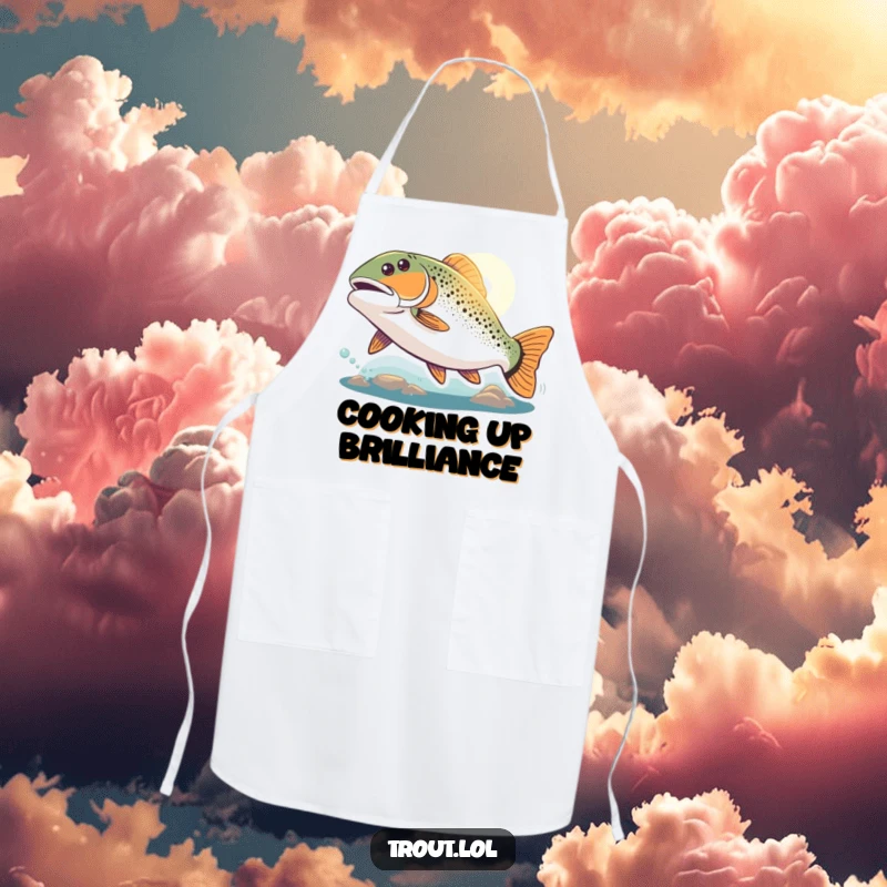 Funny determined trout apron showing a trout swimming with great enthusiasm towards a distant light, perfect for keeping clothes clean while cooking.