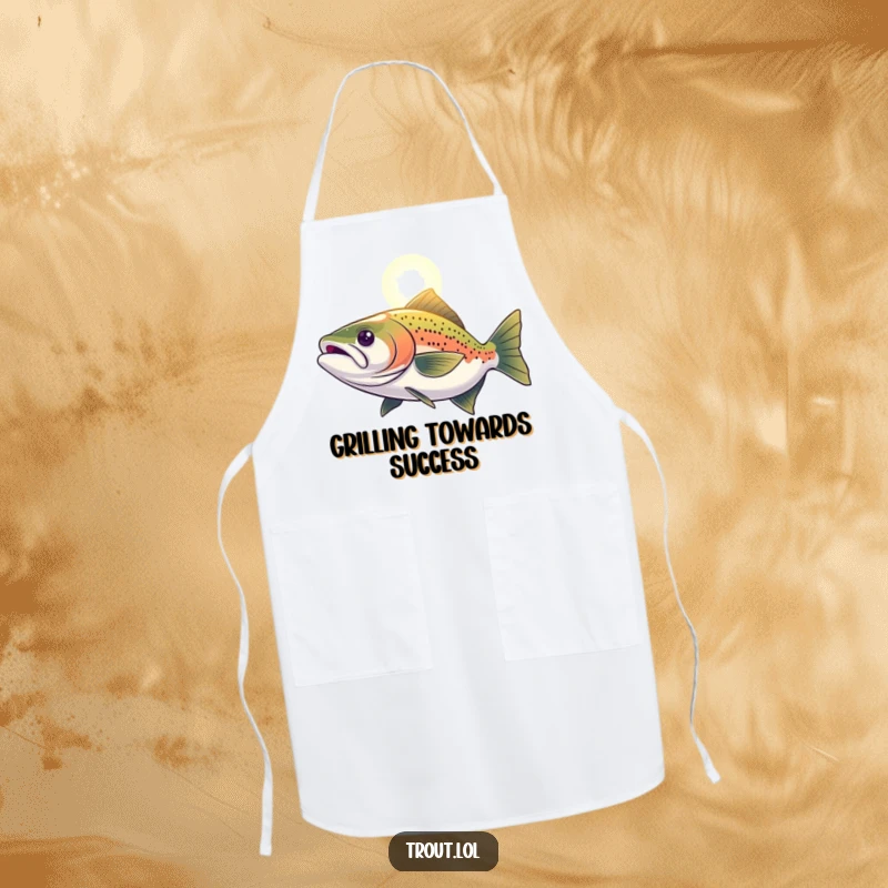 Funny Apron showing a determined trout swimming towards a light, adding a motivational and humorous touch to cooking.
