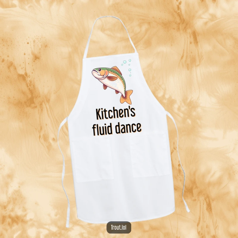 Funny apron showing a trout gracefully flipping underwater, leaving a bubbly path while you prepare food.