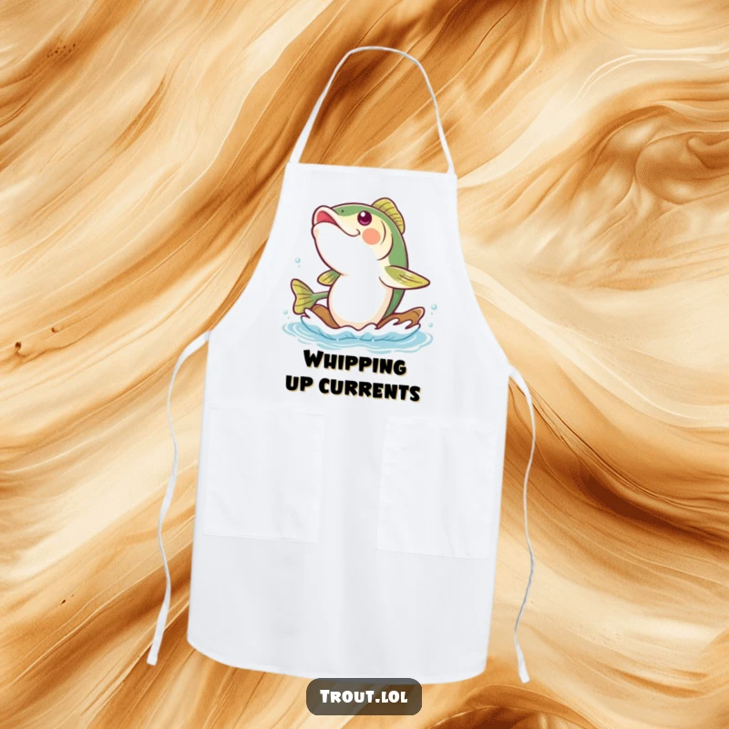 Funny trout apron featuring a mirthful trout giggling as it rides a gentle river current, ideal for keeping clothes clean while cooking.