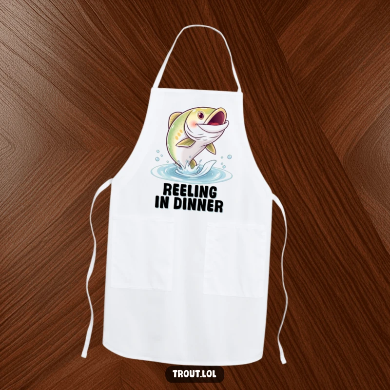 Funny apron with a grinning trout character leaping out of the water, perfect for adding a playful touch to cooking.