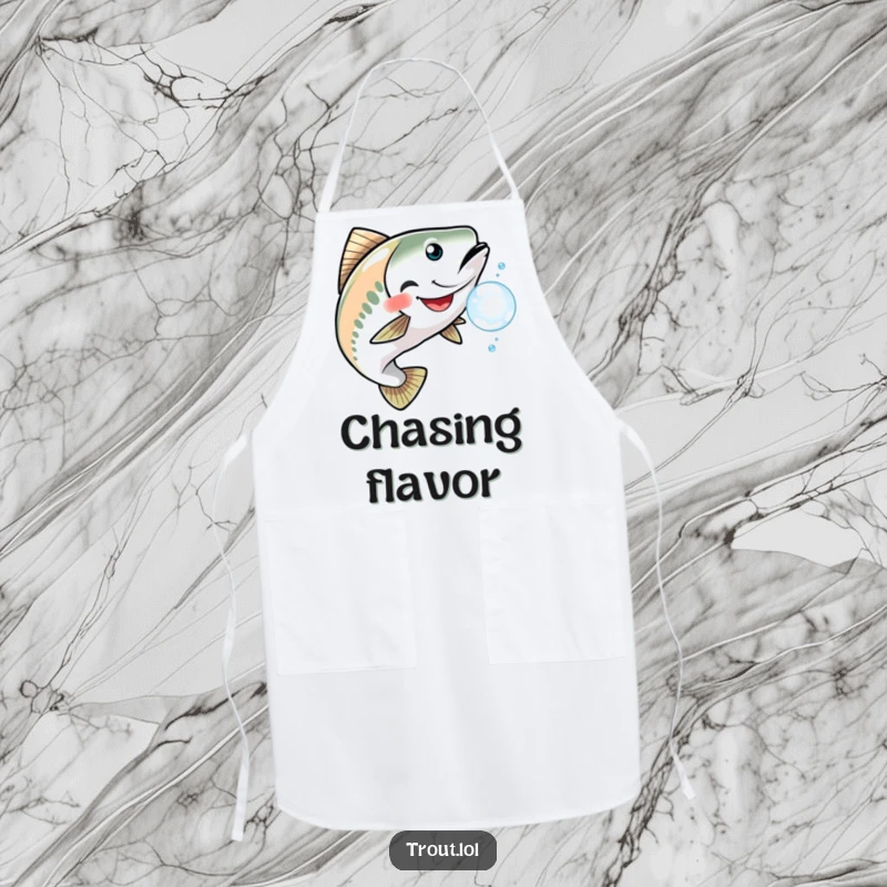 Funny apron depicting a trout with a wide grin, playfully chasing a shimmering bubble, ideal for kitchen fun.