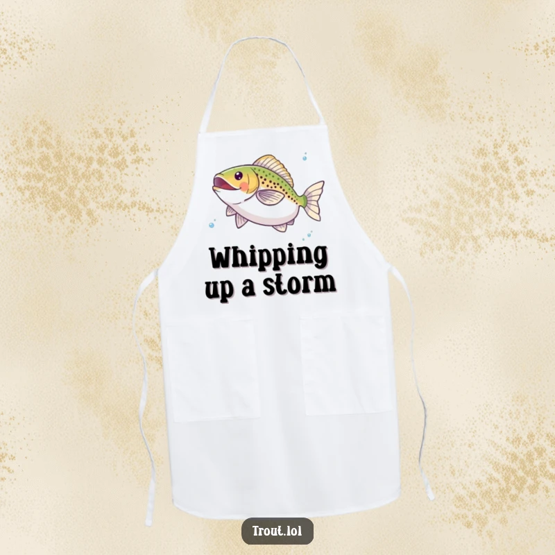 Funny apron illustrating a trout performing a joyful twirl underwater, ideal for kitchen protection with a humorous and aquatic touch.