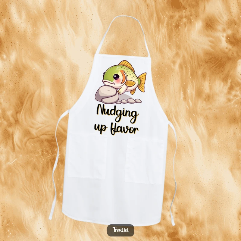 Funny apron showcasing a determined kawaii trout nudging a pebble, perfect for kitchen use and inspiring focused effort.