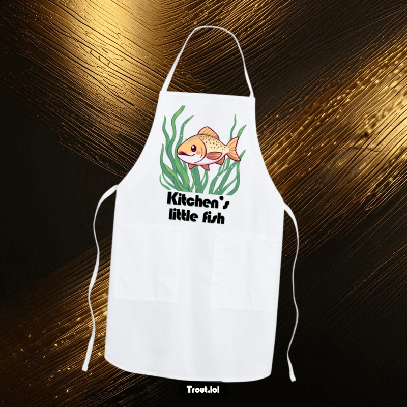 Funny apron showcasing a grinning kawaii trout swimming through seaweed, perfect for kitchen use and adding a splash of fun.