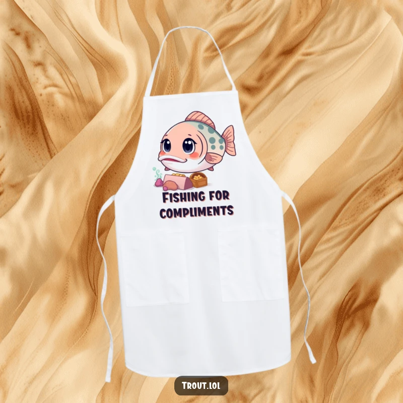 Funny apron showcasing a curious kawaii trout looking at sunken treasure, perfect for kitchen use and sparking an adventurous spirit.