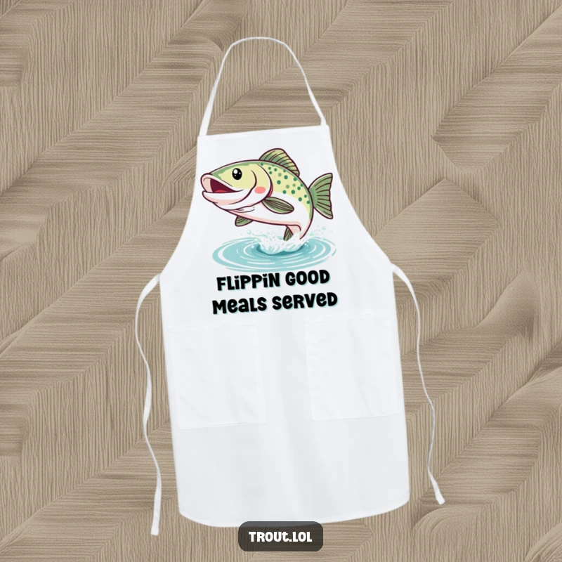 Funny Kawaii Trout Apron: A happy trout with a wide smile leaps from the water, ready for kitchen duty with aquatic charm and humor.