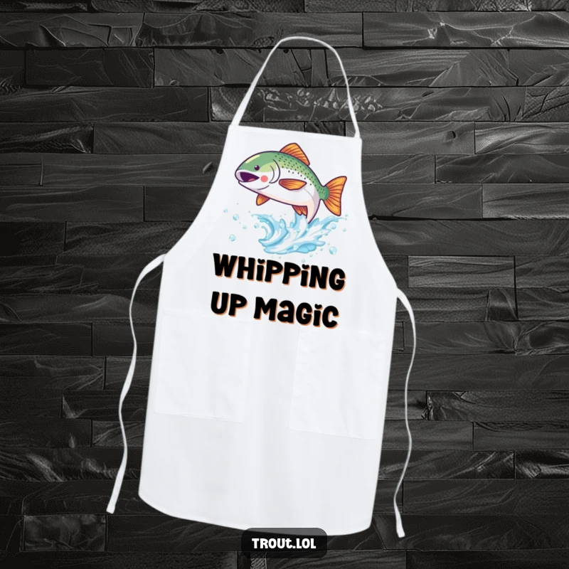 Funny apron featuring a cute kawaii trout leaping joyfully from a sparkling wave, ideal for kitchen fun.