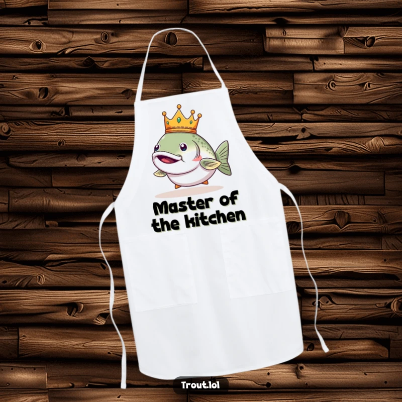 Funny apron featuring a smug trout wearing a tiny crown, ideal for ruling the kitchen.