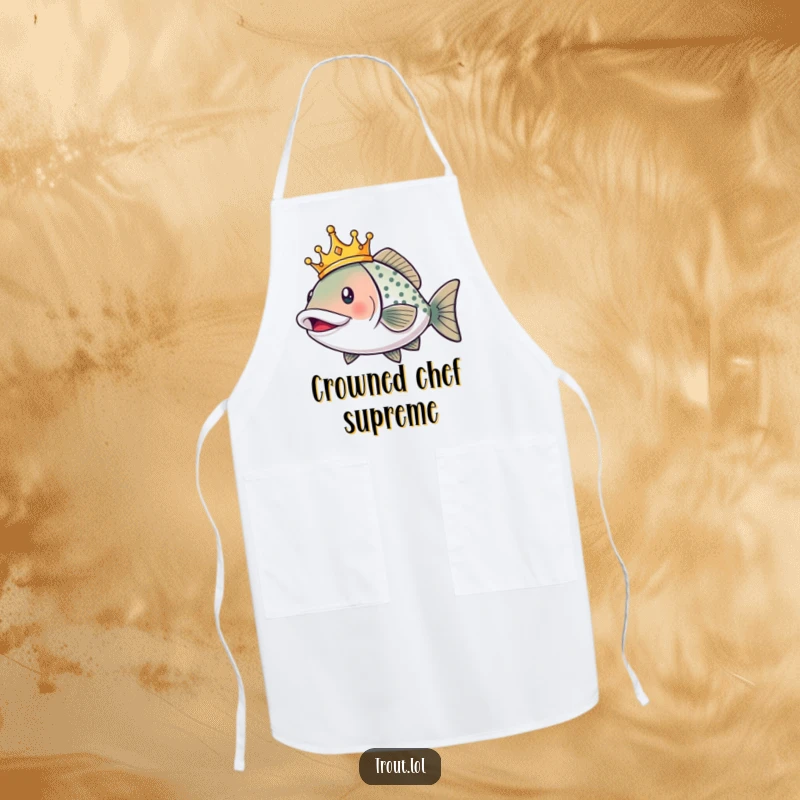 Funny apron featuring a smiling trout wearing a crown, ready to add royal humor to any cooking or grilling session.