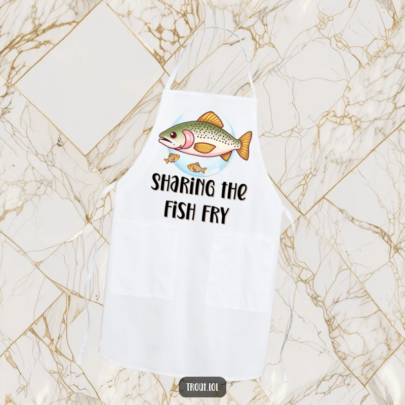 Funny apron with a trout sharing a tiny bubble with a smaller fish, a humorous and practical kitchen accessory for spreading kindness.