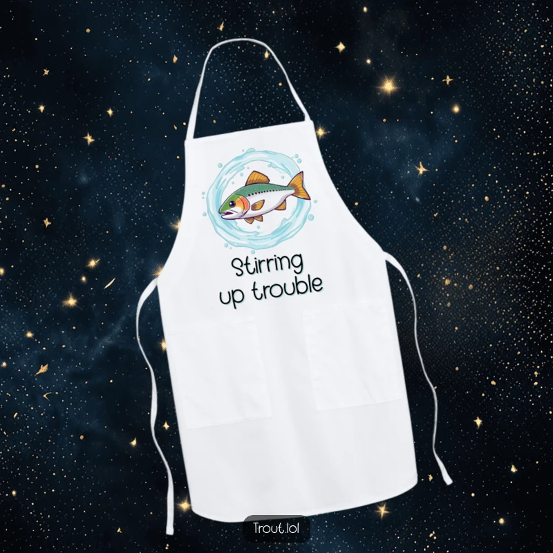 Funny apron with a trout comically spinning in a water swirl, a humorous and practical garment for kitchen duties, adding a splash of fun.
