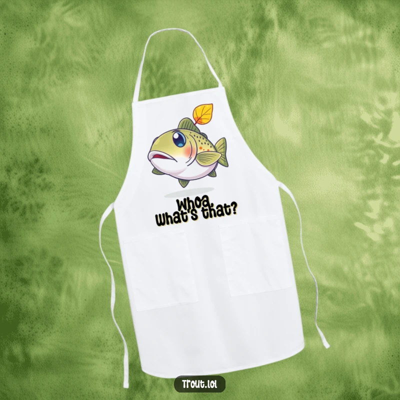 Funny apron with a trout character sporting wide, surprised eyes watching a falling leaf.
