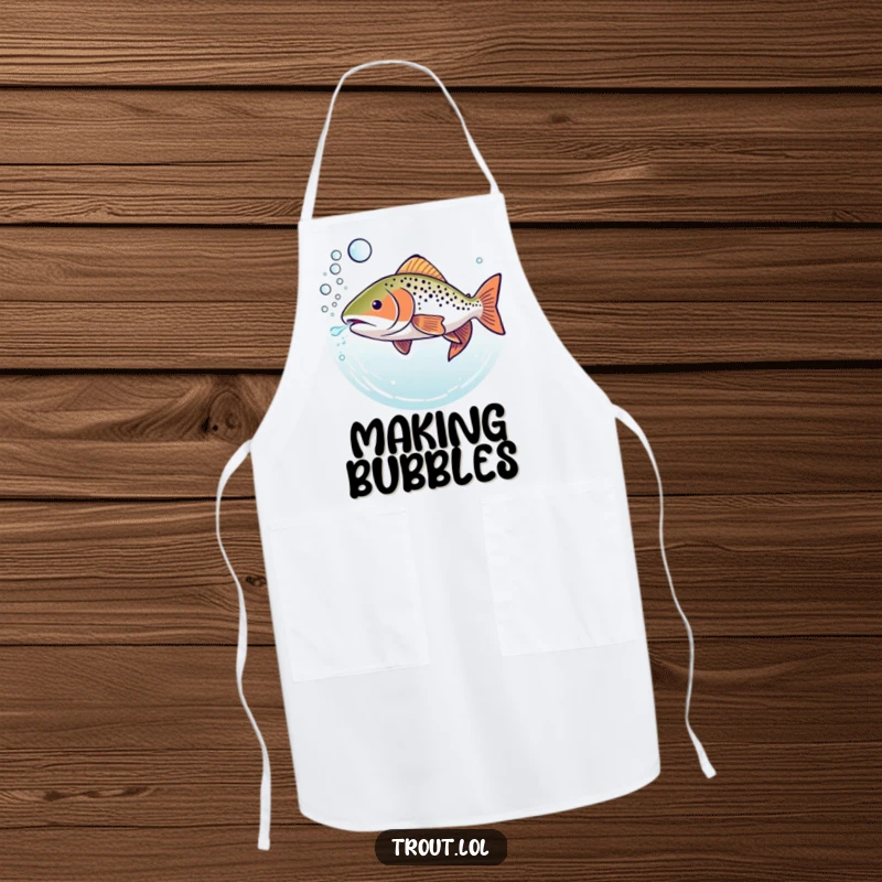 Funny apron depicting a trout underwater ingeniously blowing a stream of bubbly rings, perfect for culinary creativity.