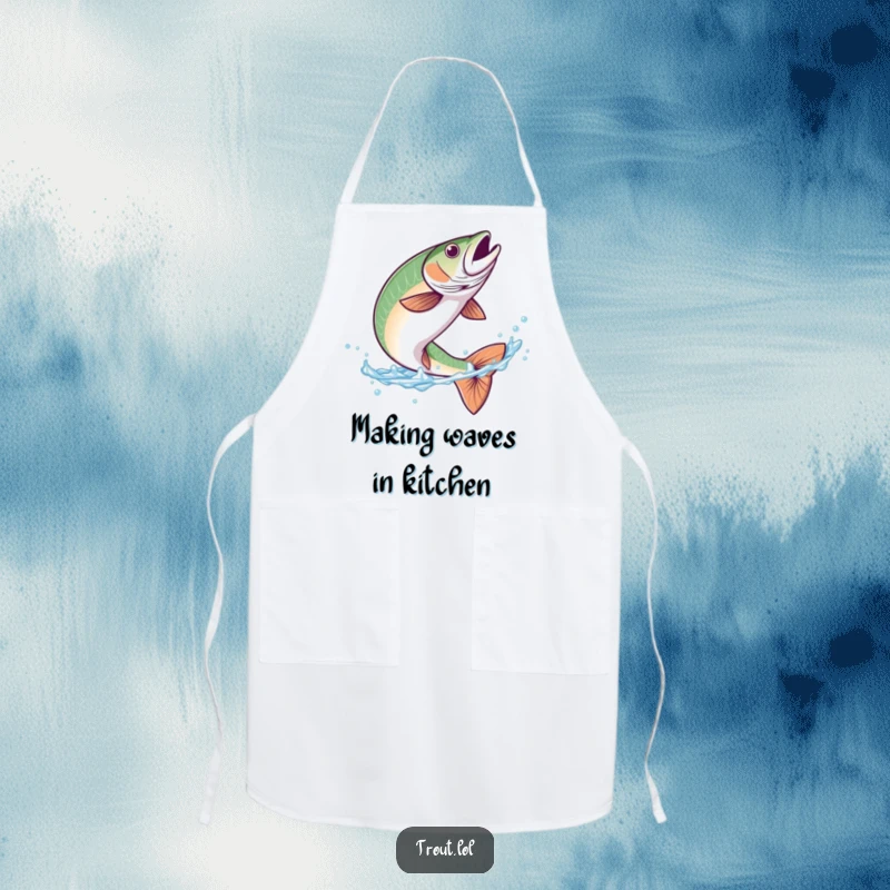 Funny apron depicting a trout mid-graceful flip in clear blue water, perfect for kitchen protection and humor.