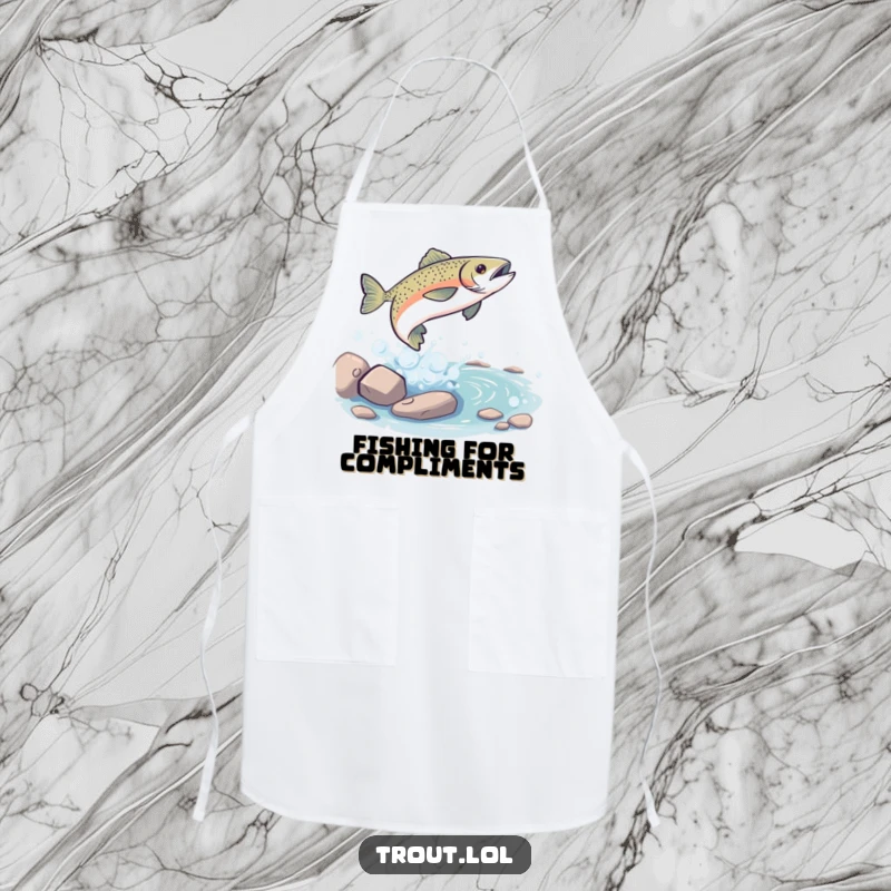 Funny Apron: Features a playful trout leaping from a bubbly stream, bringing humorous aquatic fun to the kitchen, a perfect funny gift.