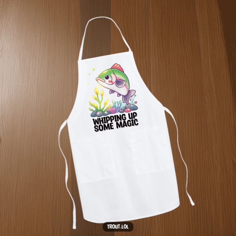 Funny Trout Apron: A chef's apron with a comical trout reaching for a glowing underwater plant, adding humor to cooking.