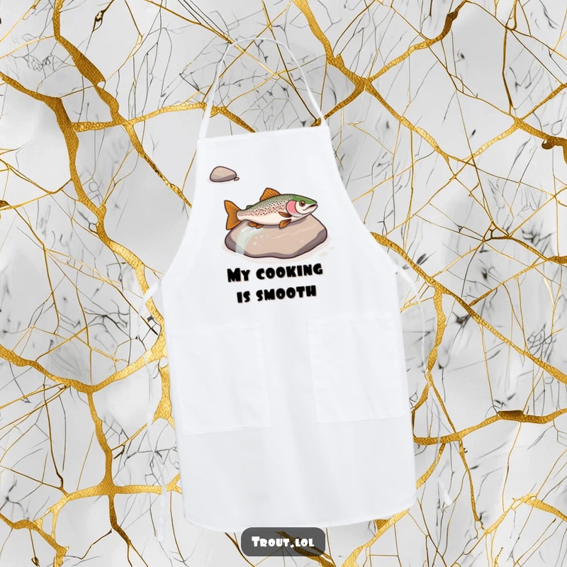 Funny apron with a trout sliding down a river rock, ideal for adding humor to cooking and baking tasks.