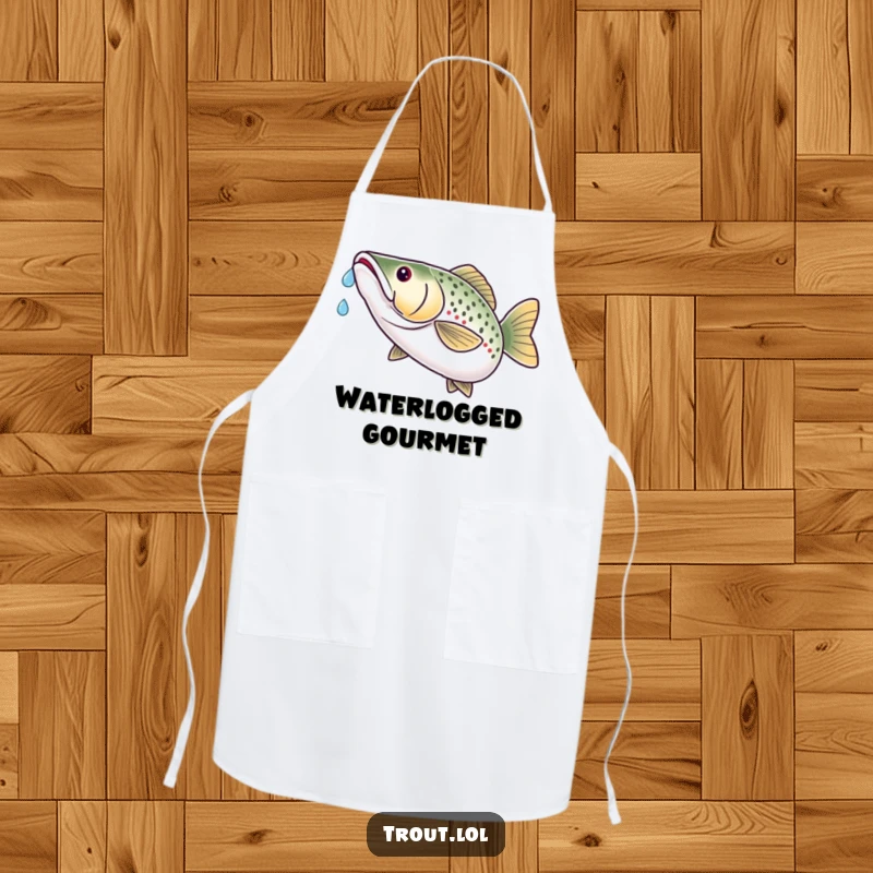 Funny apron with a trout humorously catching a water droplet on its nose, looking extremely satisfied while cooking.