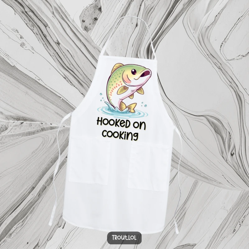 Funny Trout Leap Apron featuring a cute trout with a bubbly smile leaping out of the water, perfect for festive cooking and kitchen fun.