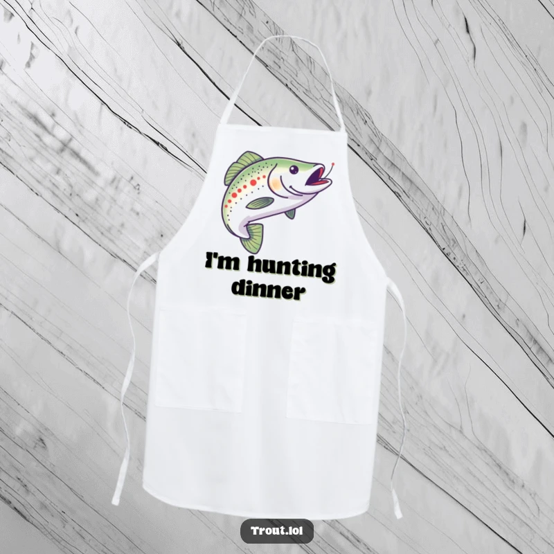 Funny apron for chefs and home cooks, depicting a trout's energetic pursuit of a minnow, perfect for adding humor to meal preparation.
