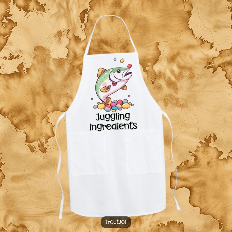 Funny apron depicting a trout juggling colorful pebbles with its fins, perfect for kitchen protection and humorous flair.