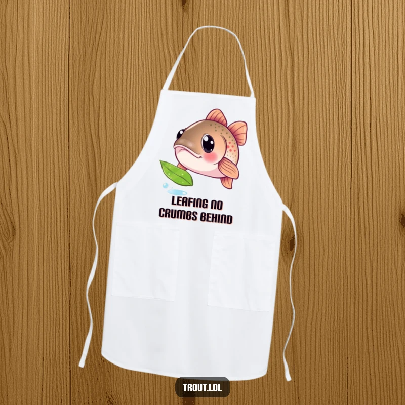 Funny apron with a trout wearing a look of wide, curious eyes, observing a floating leaf, a humorous kitchen accessory for culinary enthusiasts.