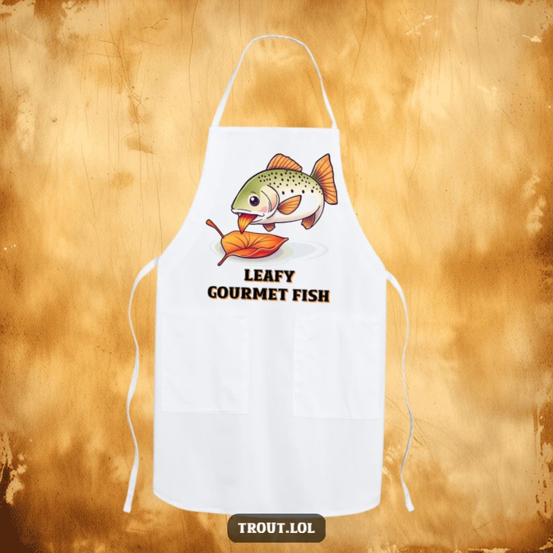 Funny fisherman trout apron shows an enthusiastic trout nibbling on a colorful leaf, perfect for cooking.