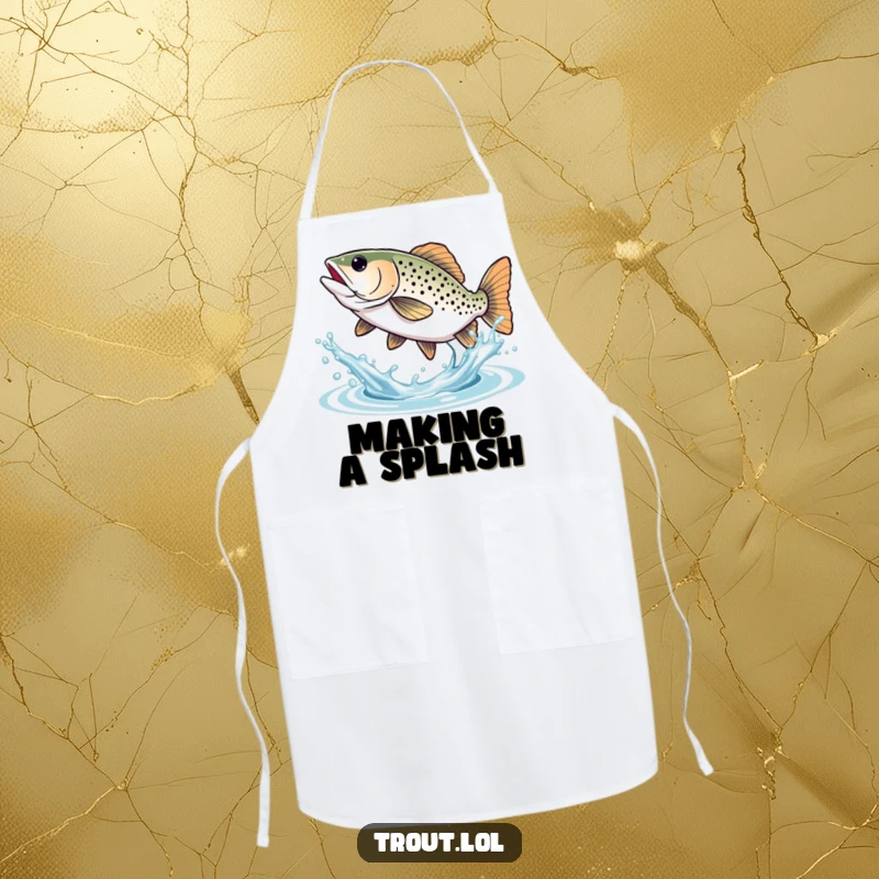 Funny Trout Apron: Chef apron featuring a trout joyfully splashing water with its tail, adding a playful touch to cooking.