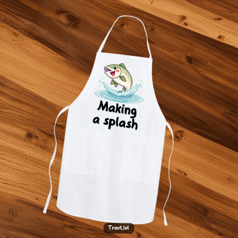 Funny apron showing a triumphant trout leaping from water, ready to add some splashy fun to any cooking or grilling task.