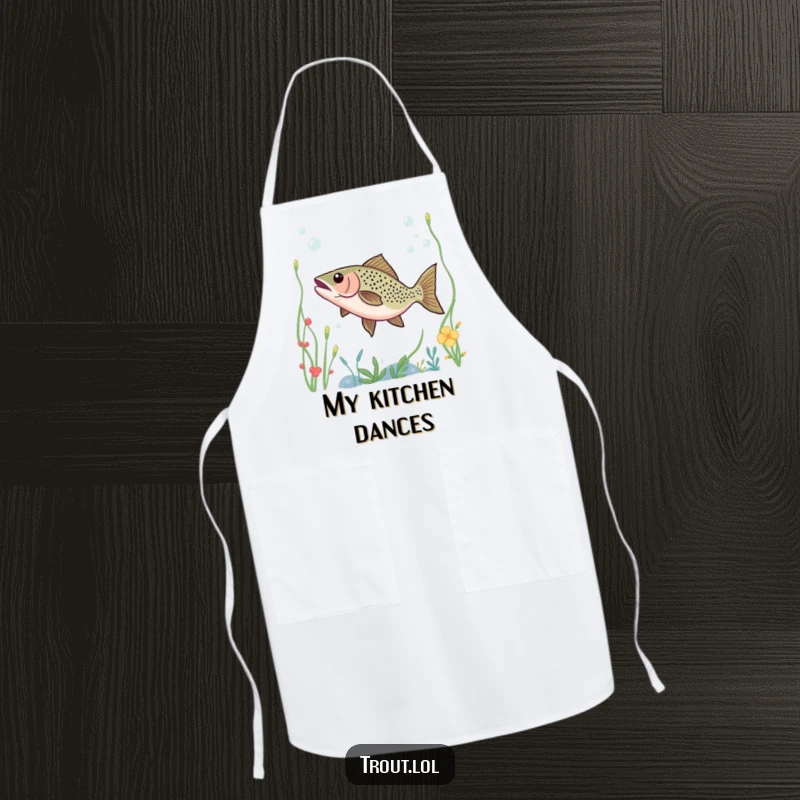 Funny apron with a trout dancing through underwater plants, ideal for adding humor to cooking and baking tasks.