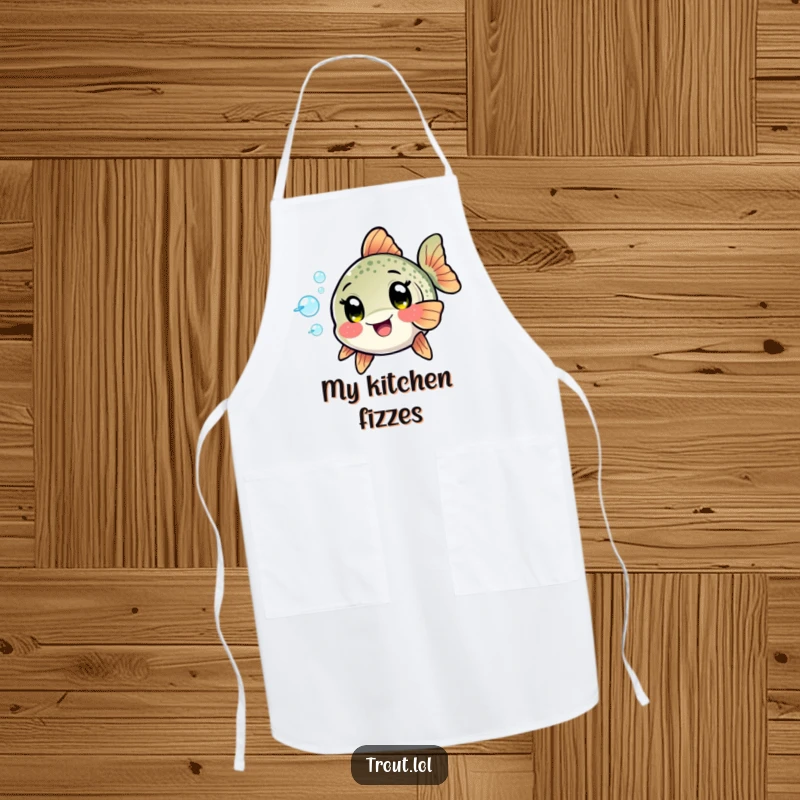 Funny Kawaii Trout Apron: A trout with excited eyes playfully blows bubbles, ready for kitchen duty with aquatic charm and humor.