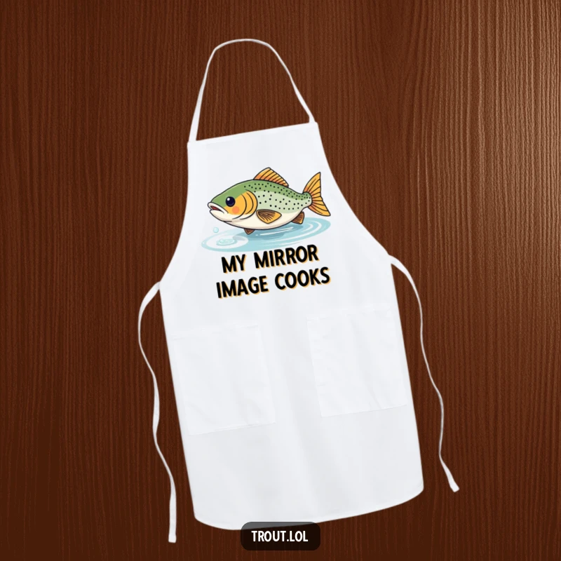 Funny apron depicting a trout playfully pursuing its reflection, ideal for humorous kitchen protection and style.