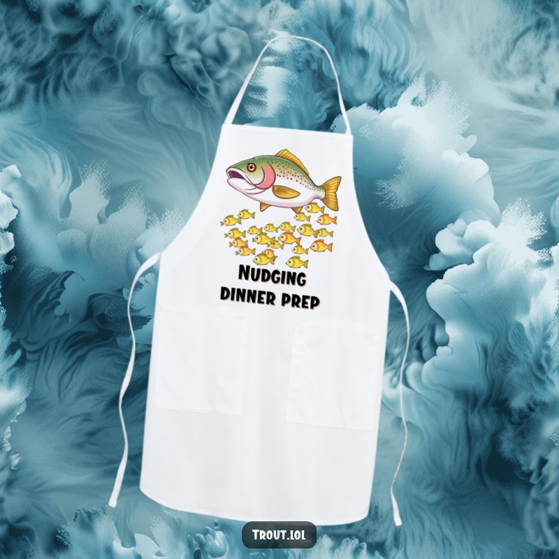 Funny apron designed with a trout playfully nudging smaller fish, causing them to dart, perfect for any kitchen.