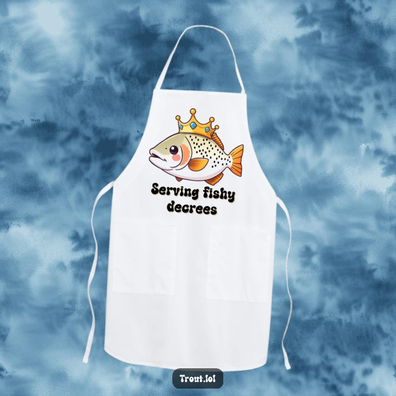 Funny Kawaii Trout Apron showing a crowned trout swimming regally, ideal for humorous kitchen wear.