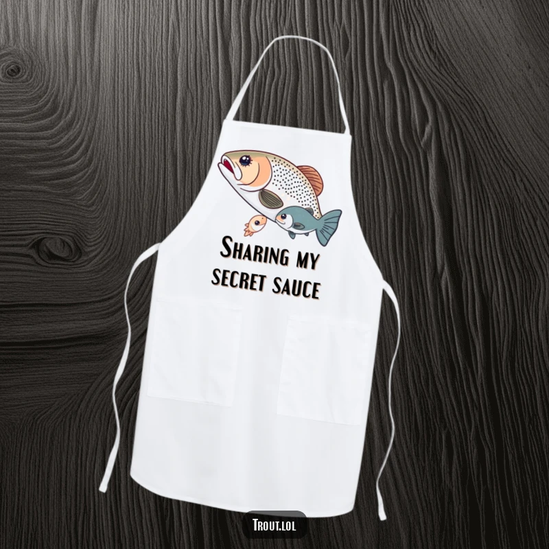 Funny apron showing two trout sharing a glowing microorganism, perfect for kitchen protection with a heartwarming and humorous aquatic theme.