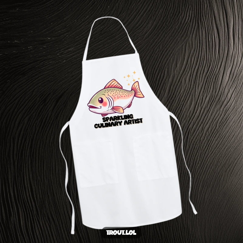 Funny apron depicting a trout in a happy swirl, leaving a trail of sparkles, perfect for kitchen protection and magical humor.
