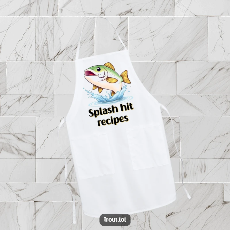 Funny apron featuring a shimmering trout with a wide smile, leaping from a splash, bringing cheerful aquatic vibes to the kitchen for anglers.